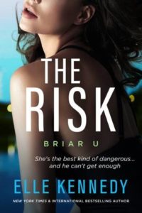 The cover for The Risk by Elle Kennedy, features a woman in a black tank top and black hair. The picture is of her back and she is slightly looking over he shoulder.